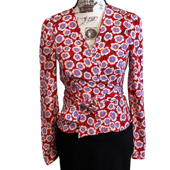 Diane Von Furstenberg Alexia Floral-Print Silk Crepe De Chine Wrap Top Size 2 - Picture 9 of 15